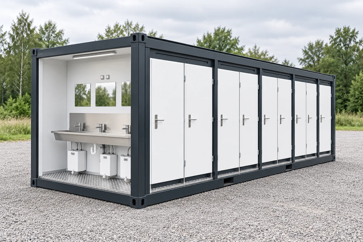 AI-generert produktillustrasjon av toalettcontainer med 14 toaletter